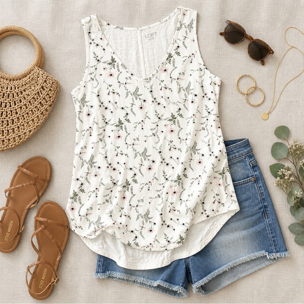 LOFT Outlet Cream Floral V-Neck Sleeveless Tank